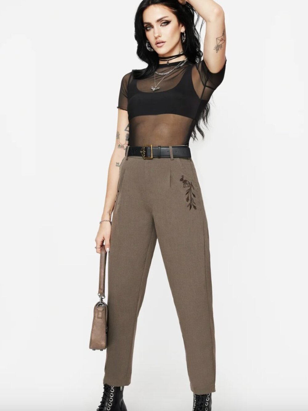 Disturbia Hester Embroidered Tapered Trousers - Brown